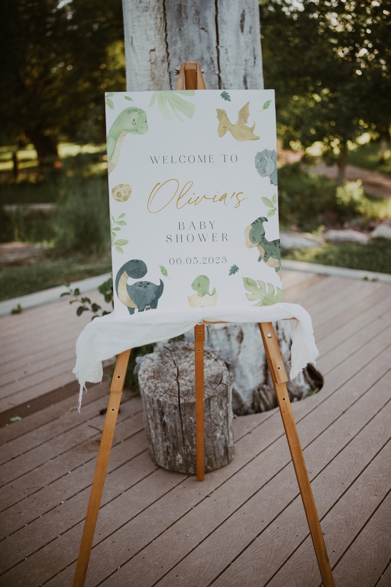 Letrero de bienvenida para baby shower de dinosaurios, Letrero de bienvenida para baby shower de dinosaurios, Letrero de bienvenida para bebé niño dinosaurio, Letrero editable para baby shower imagen 2