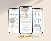 Bear Balloon Baby Shower digital Invitation Template with Clickable RSVP, We Can Bearly Wait Baby Shower Invite, Blue Boy Bear Baby, BWBS01