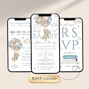 May include: Three smartphones displaying baby shower invitations. The central phone shows a teddy bear holding balloons, with text: "We can bearly wait BABY!" The other phones show countdown and RSVP details. Soft blue and beige color scheme.