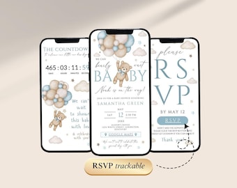 Bear Balloon Baby Shower digital Invitation Template with Clickable RSVP, We Can Bearly Wait Baby Shower Invite, Blue Boy Bear Baby, BWBS01