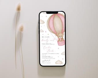 Bear Balloon girl Baby Shower digital Invitation, We Can Bearly Wait Baby Shower Invite, pink Bear Baby Shower, teddy bear baby, BWBS04