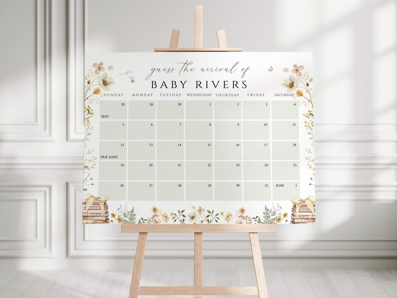 May include: A printable baby shower game with a floral design. The game is called "Guess the Arrival of Baby Rivers" and features a calendar with dates in May and June.