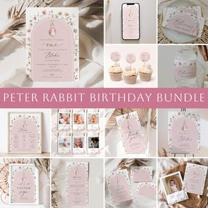 Op de afbeelding: Peter Rabbit-thema verjaardagsfeestje printbare bundel in roze en wit. De bundel bevat uitnodigingen, bedankkaartjes, voedsellabels, een welkomstbord en meer. Het ontwerp bevat Peter Rabbit-illustraties en bloemmotieven.