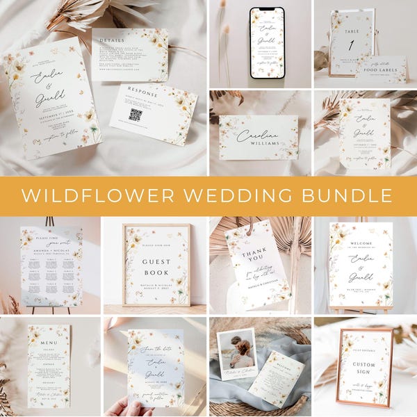 Paquete de boda con flores silvestres, paquete de invitación de boda con flores delicadas, kit de boda con diseño de prado, invitación de boda floral, flores silvestres bohemias, WFB02