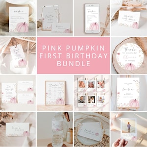 Pink Pumpkin girl first birthday Invitation Bundle, Pumpkin Girl 1st Birthday Bundle, little pumpkin First Birthday, Pumkin Birthday Theme