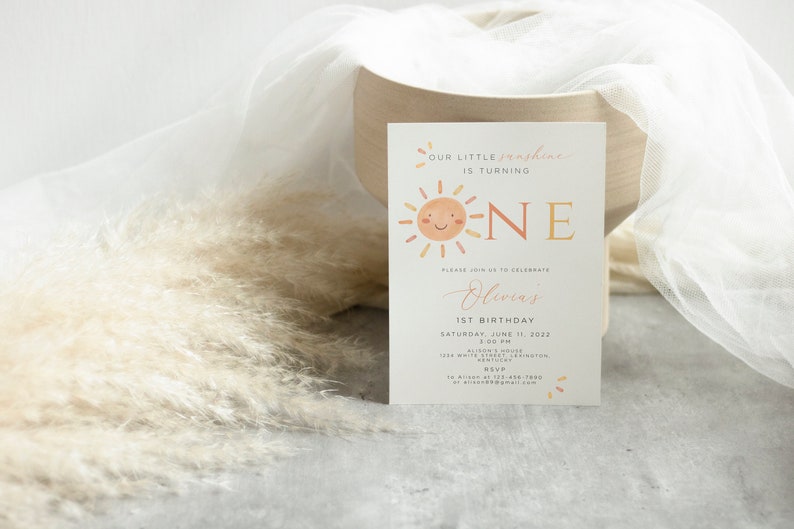 Our Little Sunshine First Birthday Invitation Editable, Sunshine 1st Birthday Invite, Boho Sun 1st Birthday Neutral, Printable Template image 6