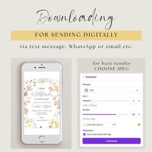 Pode incluir: Um design de convite digital com o texto "Downloading" e "FOR SENDING DIGITALLY". O design inclui um smartphone exibindo um convite floral para ch&aacute; de beb&ecirc;. As instru&ccedil;&otilde;es para download como JPEG tamb&eacute;m s&atilde;o exibidas.