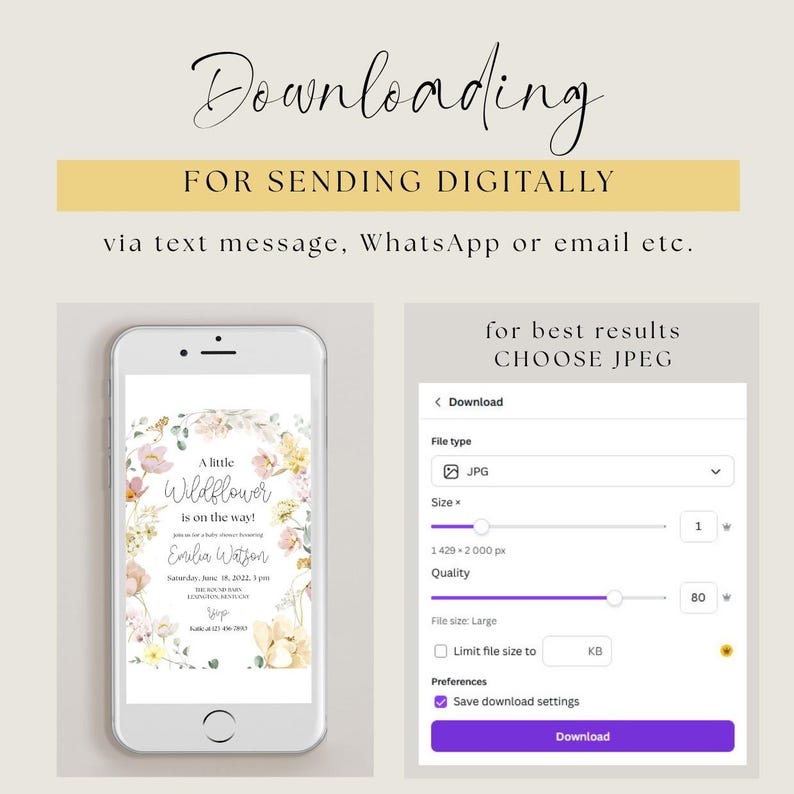 Pode incluir: Um design de convite digital com o texto "Downloading" e "FOR SENDING DIGITALLY". O design inclui um smartphone exibindo um convite floral para ch&aacute; de beb&ecirc;. As instru&ccedil;&otilde;es para download como JPEG tamb&eacute;m s&atilde;o exibidas.