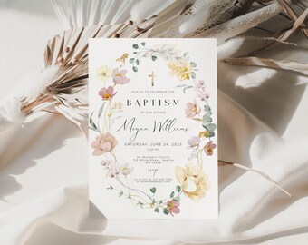 Invitación de bautismo con flores ruborizadas, plantilla de invitación de bautismo con flores rosas, invitación de bautismo, invitación de bautizo de niña, SPRINGBAPT01