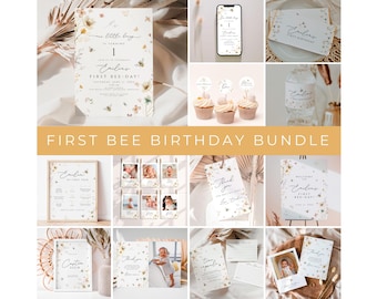 Pacchetto di inviti per il primo giorno delle api, modello di pacchetto modificabile per il primo compleanno, pacchetto per il primo compleanno di Honey Bee, tema ape per il primo compleanno, festeggiata
