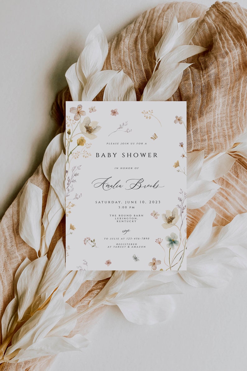 Wildflower Baby Shower Invitation, white flowers Baby Shower Invitation , Boho Wildflower Invite, Floral Baby Shower, baby bruhch hello baby image 3