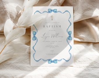 Baptism Invitation, blue ribbon Baptism Invitation, Holy Communion Christening Invite, blue bow Watercolor Ribbon Baptism