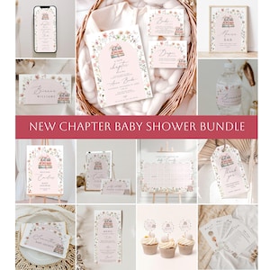 Inbjudningspaket för babyshower med sagobok för flicka, Babyshowerset för flicka, Ett nytt kapitel börjar, Boktema för bebis CBSH03