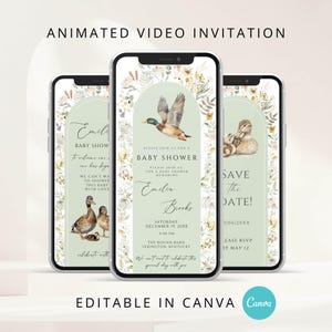 May include: Three smartphones displaying a baby shower invitation. The design features a duck illustration, floral accents, and the text "Baby Shower." The invitation includes details like the date, time, and location. The words "Animated Video Invitation" and "Editable in Canva" are also visible.