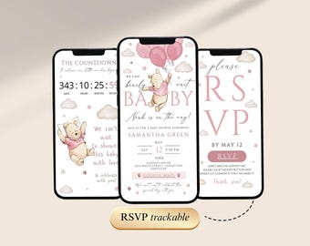 Winnie the Pooh Mädchen Baby Shower Einladung Antwortkarte Vorlage, We Can BearlyWait Teddy rosa Bär, verfolgbare Antwort Babyparty, WS002