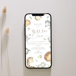 Safari First Birthday Evite, Wild One First Birthday Electronic Invitation, Editable Digital Download, Jungle Animals Party Smartphone