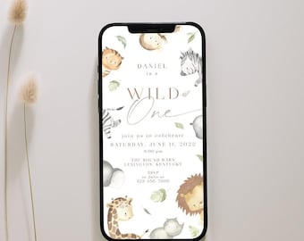 Safari First Birthday Evite, Wild One First Birthday Electronic Invitation, Editable Digital Download, Jungle Animals Party Smartphone