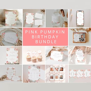 Pink Pumpkin girl first birthday Invitation Bundle, Pumpkin Girl 1st Birthday Bundle, little pumpkin First Birthday, Pumkin Birthday Theme