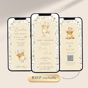 May include: Three smartphones showing baby shower invitations with a Winnie the Pooh theme. The designs include floral borders and text like "Baby Shower" and "Save the Date." The invitations also provide RSVP details, creating a gentle and welcoming aesthetic.
