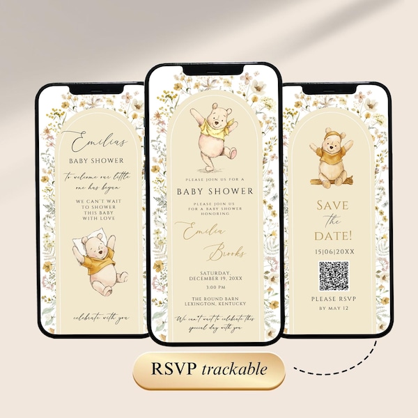 Classic Winnie-the-Pooh gender neutral Baby Shower video Invitation Template with QR code RSVP,  yellow Floral winnie the pooh invite, WP005