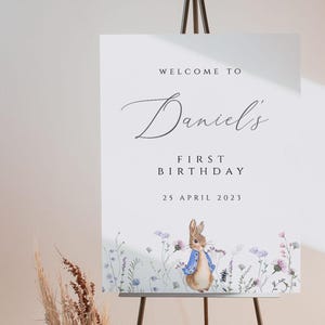 Peter rabbit first birthday Welcome Sign, peter rabbit floral Welcome Sign Poster, bunny boy first birthday Floral welcome Sign, PRFB02