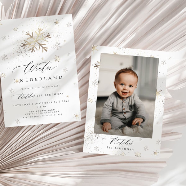 Winter Onederland Invitation Template with photo, Snowflake First Birthday Invitation, Winter 1st Birthday, Christmas Birthday Party Invite