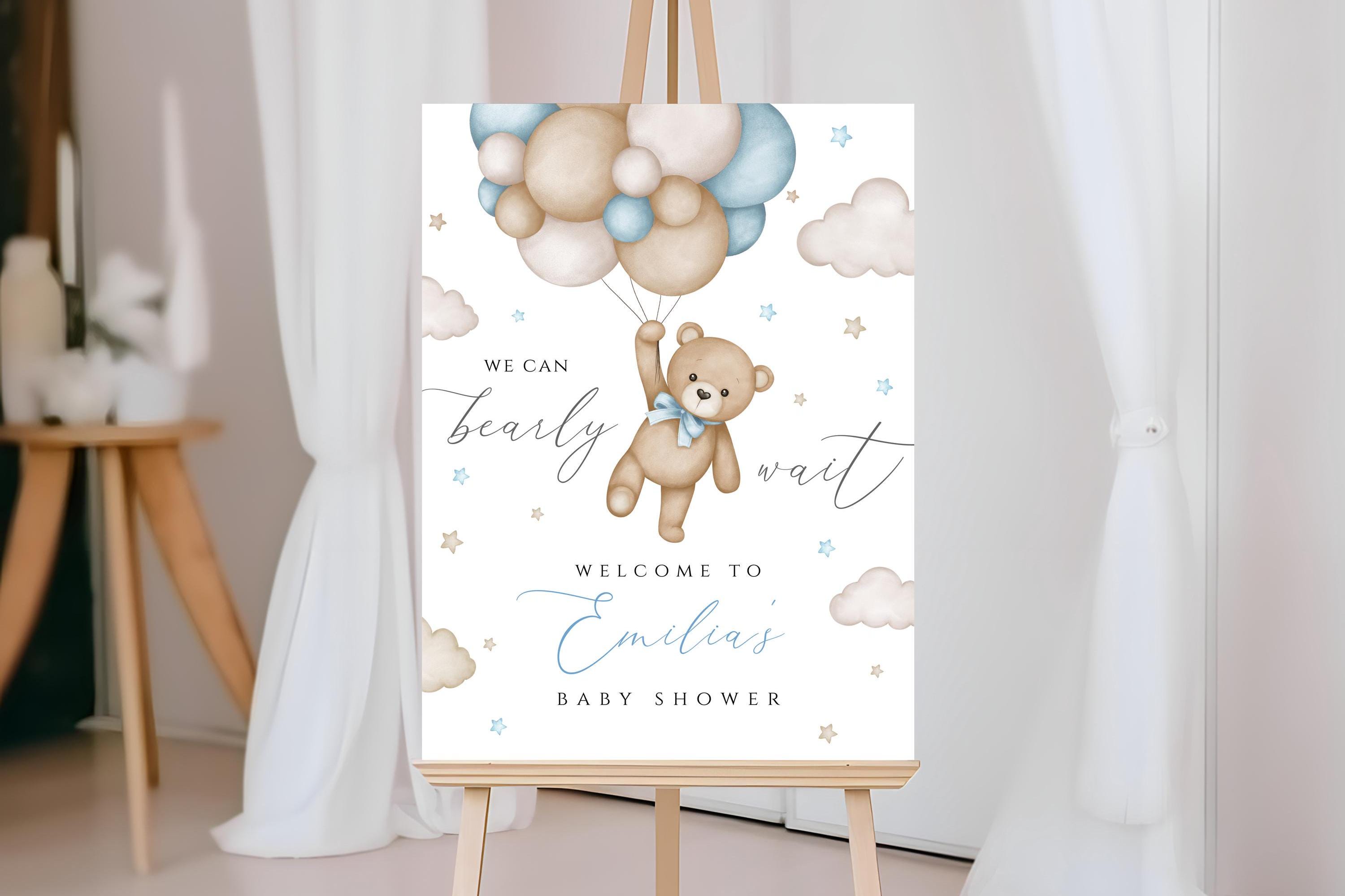 Teddy Bear Welcome Sign, We Can Bearly Wait Boy Baby Shower welcome, Blue Hot Air Balloons, Bear Balloon Baby Shower Welcome Sign, BWBS01
