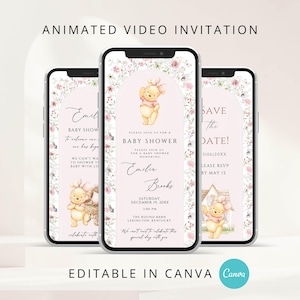 Può includere: Tre smartphone che mostrano un invito per un baby shower con un design di Winnie the Pooh ed elementi floreali. Il testo recita "Invito video animato" e "Modificabile in Canva". Vengono visualizzati anche i dettagli dell'evento.