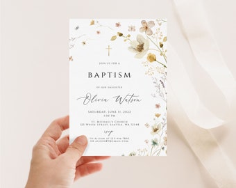Girls Baptism Invitation, Wildflower Baptism Invitation , Christening Invite, Editable Invitation, Baby Girl Christening, Floral Baptism