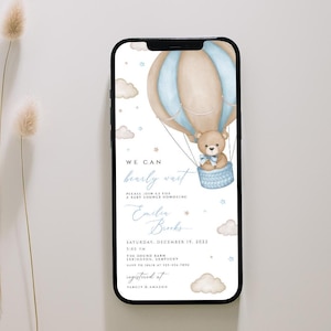 Invito digitale per baby shower con mongolfiera a forma di orso, invito per baby shower We Can Bearly Wait, invito per baby shower con orso blu Boho Boy, BWBS11