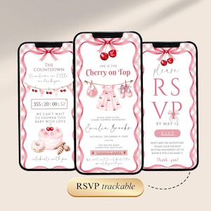 Puede incluir: Tres pantallas de teléfono inteligente que muestran una invitación a un baby shower con un tema de cerezas rosas y blancas. Las invitaciones incluyen texto, un temporizador de cuenta regresiva e información de RSVP. El diseño presenta cerezas, lazos e ilustraciones temáticas de bebés.