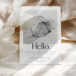 Modèle moderne de faire-part de naissance, carte de faire-part de naissance avec photo minimaliste, faire-part de naissance nouveau-né moderne, bienvenue, modèle modifiable