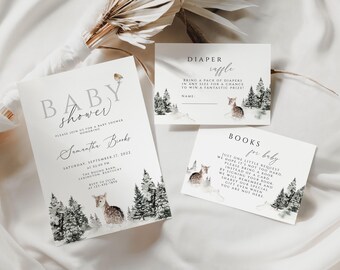 Winter Baby Shower Invitation Bundle, xmas tree Baby Shower set, deer winter Baby Shower, winter Books for Baby,winter diaper