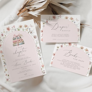 May include: A pink and white baby shower invitation with floral illustrations. The invitation reads "A new chapter begins" and includes the name "Anna Brooks". There are also two cards for a diaper raffle and a book request for the baby.