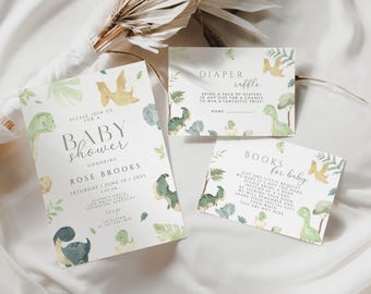 Dino Baby Shower Invitation set, Dinosaur Baby Shower Invitation, dino Books for Baby, dino Diaper Raffle, dino Baby Shower Invite, DSHO01