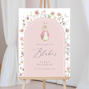 Peter rabbit first birthday Welcome Sign, pink peter rabbit floral Welcome Sign Poster, bunny girl first birthday Floral welcome Sign PRFB21