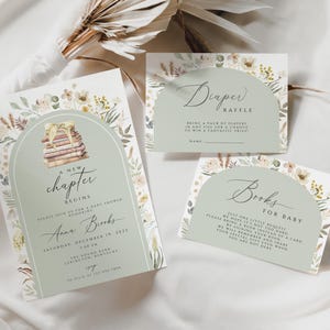 May include: A green and white baby shower invitation with a stack of books and the text "A new chapter begins". The invitation also includes the text "Please join us for a baby shower honoring Anna Brooks, Saturday, December 14, 2022".