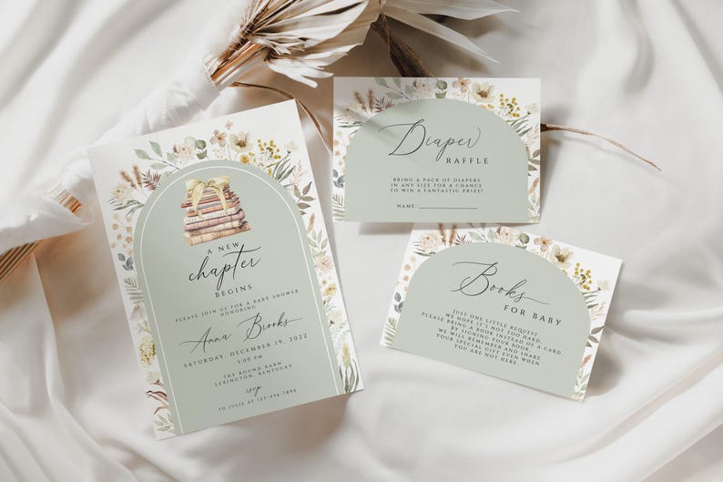 May include: A green and white baby shower invitation with a stack of books and the text "A new chapter begins". The invitation also includes the text "Please join us for a baby shower honoring Anna Brooks, Saturday, December 14, 2022".
