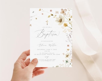 Floral Baptism Invitation, Wildflower Baptism Invitation, Baptism Invite, Editable Invitation, Baby Girl Christening invitation, WFBAPTISM