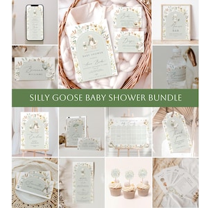 Könnte beinhalten: Eine Kollektion von Babyparty-Papeterie mit einem verspielten Gänse-Thema. Das Set beinhaltet Einladungen, Schilder und Cupcake-Topper. Die Farbpalette umfasst sanfte Grüntöne, Gelb und florale Akzente.