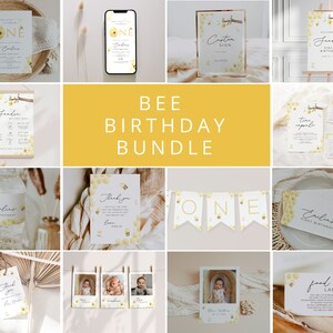 Op de afbeelding: Een printbare bundel voor een eerste verjaardagsparty met een bijen-thema, met verschillende ontwerpen, waaronder uitnodigingen, voedseletiketten, bedankkaartjes en een banner. De ontwerpen bevatten een geel honingraatpatroon met bijen en de woorden "E&eacute;n" en "Eerste verjaardag".