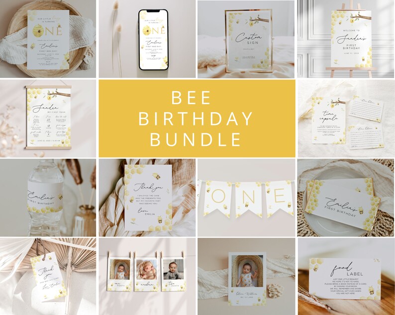 Op de afbeelding: Een printbare bundel voor een eerste verjaardagsparty met een bijen-thema, met verschillende ontwerpen, waaronder uitnodigingen, voedseletiketten, bedankkaartjes en een banner. De ontwerpen bevatten een geel honingraatpatroon met bijen en de woorden "E&eacute;n" en "Eerste verjaardag".