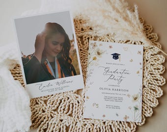 Wildflower Graduation Invitation with photo, Meadow flowers Graduation Announcement, Grad floral Invitation, Girl Graduation invite, GRWF03