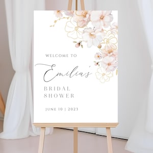 Letrero de bienvenida para novia en oro rosa, cartel de bienvenida con rosas rosas, letrero de novia con flores doradas ruborizadas, elegante despedida de soltera con flores, BWF03