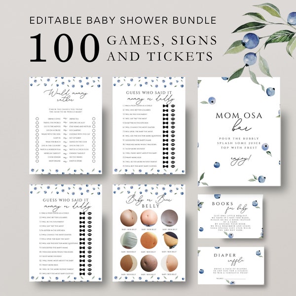 100 Editable blueberry Baby Shower Games and signs,  blueberry baby shower games Baby Shower Games, berry Games Set Baby Games