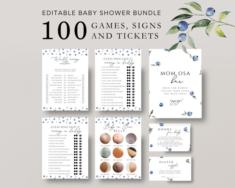 100 Editable blueberry Baby Shower Games and signs, blueberry baby shower games Baby Shower Games, berry Games Set Baby Games image 1
