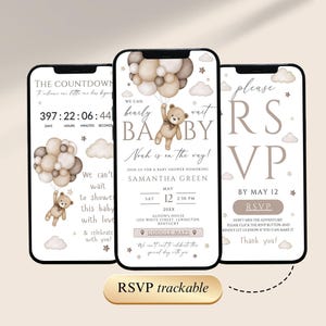 Może przedstawiać: Trzy smartfony wyświetlające zaproszenia na baby shower. Centralny telefon pokazuje misia trzymającego balony z napisem "bearly wait BABY". Pozostałe telefony pokazują odliczanie i informacje RSVP.