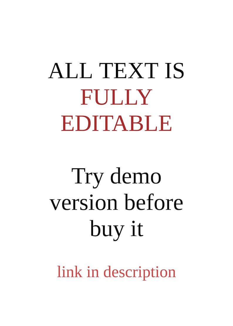 May include: Text that reads "ALL TEXT IS FULLY EDITABLE". Below the text is "Try demo version before buy it" and "link in description".