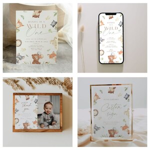 May include: A set of printable party invitations and signage featuring a woodland theme with cute animal illustrations. The invitation says "Daniel is a Wild One" and includes details for a birthday party. The signage says "Fully Editable Custom Sign".