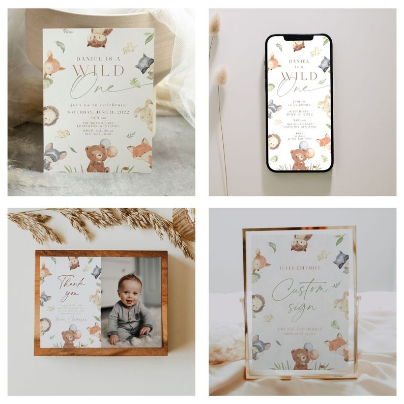 May include: A set of printable party invitations and signage featuring a woodland theme with cute animal illustrations. The invitation says "Daniel is a Wild One" and includes details for a birthday party. The signage says "Fully Editable Custom Sign".